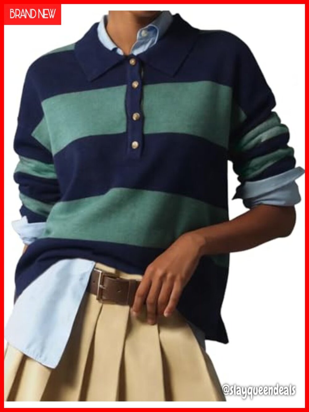 Rugby Polo Sweater Women Striped Collared Knit Pullover